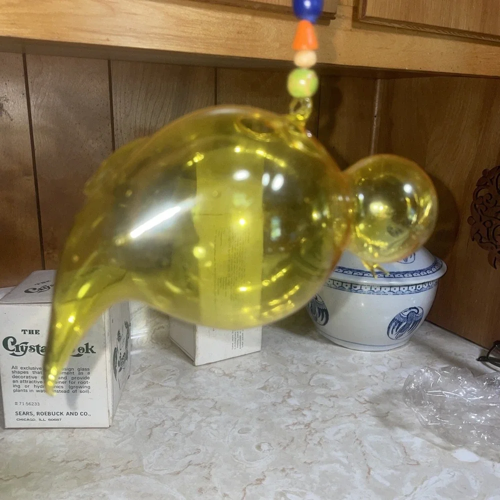 Vintage Hand Blown Glass‎ Hanging Plant Propagation Yellow Bird Wooden Beads